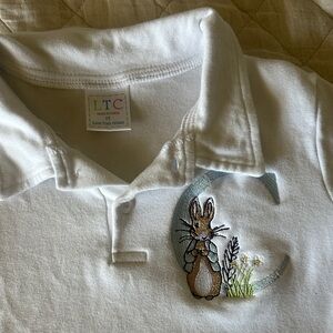 White Polo with Embroidered C, Bunny and Floral Detail